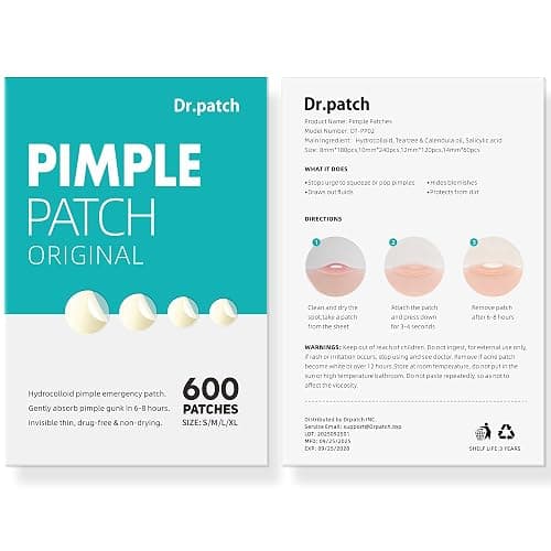 Dr.patch 600 Counts Pimple Patches - Hydrocolloid Acne Patches for face, Pimple Stickers for Covering Zits and Blemishes, Gentle for All Skin Types(4 Size) thumbnail 9