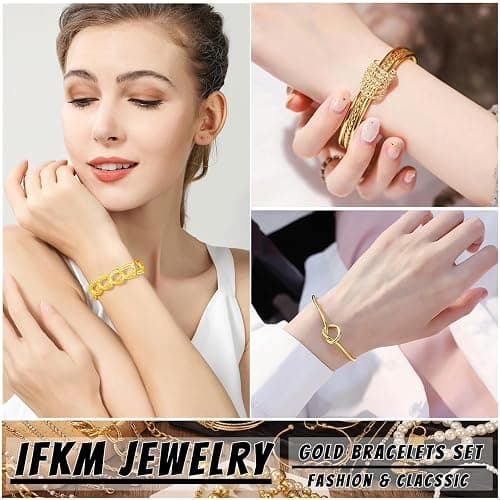 IFKM 6 PACK (24 PCS) Boho Gold Chain Bracelets Set for Women, 14K Gold Plated Multiple Layered Stackable Open Cuff Wrap Bangle Adjustable Link Italian Cuban Jewelry for Women Gift thumbnail 2