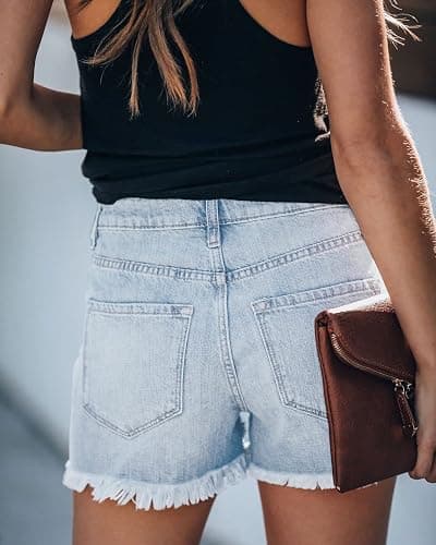 Metietila Women's Casual High Waisted Ripped Denim Shorts Frayed Raw Hem Stretch Jeans Shorts thumbnail 4