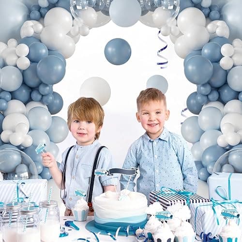 Dusty Blue Balloon Arch Kit 132Pcs Dusty Blue and White Balloon Arch Garland Kit Include Dusty Blue White Pastel Blue Clear Balloons for Birthday Wedding Baby Shower Bridal Party Decorations thumbnail 4