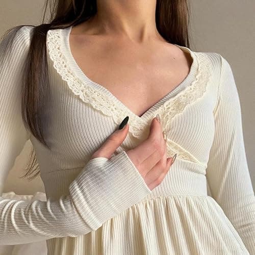 Y2k Long Sleeve V Neck Tops for Women Vintage Ribbed Top Fall Lace Trim Shirt Going Out Coquette Clothes thumbnail 6