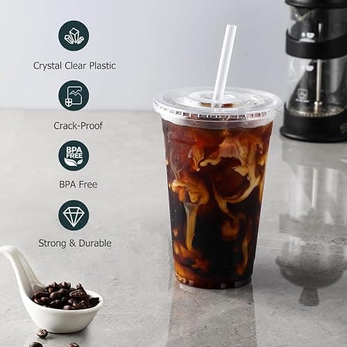 50 Sets 16 oz Cups with Lids,Re-usable Takeaway Cups with Flat Lids and Paper Straws,Perfect for Iced Coffee, Milkshake, Slurpee, Ice Cream thumbnail 5