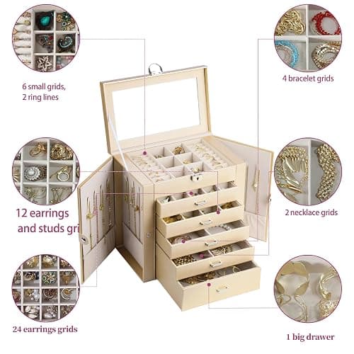 BOOVO Jewelry Box For women, 6 Layer Large Jewelry Organizer With Mirror, Multi-Function Storage Box With Lock, Accessory Holder With 5 Drawers, For Earrings Necklace Ring Bracelet (Pale gold) thumbnail 6