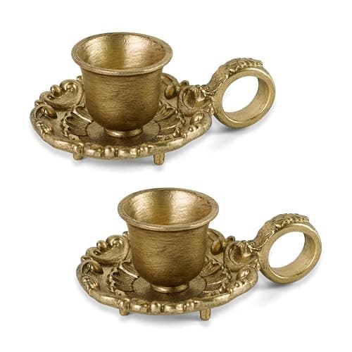 NIKKY HOME Vintage Gold Taper Candle Holders Set of 2, Handle & Drip Tray | Small Metal Candlestick, Embossed Ornamentation, Old‑Fashioned Accent for Table Centerpieces, Weddings & Housewarming Display - Image 1