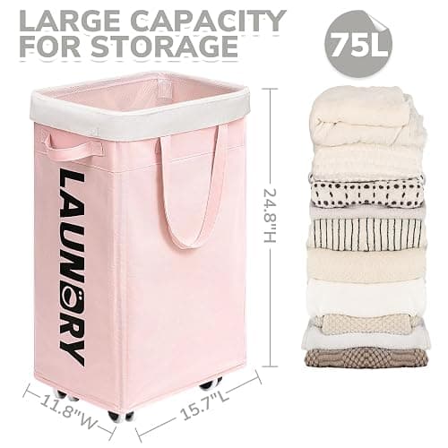 CHICVITA Slim Laundry Hamper with Wheels 75L, Collapsible Rolling Laundry Basket for Living Room, Pink Laundry Hamper for College Dorm thumbnail 3