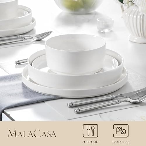 MALACASA 24 Pieces Porcelain Dinnerware Set, Modern White Dish Set for 6, Premium Serving Plates and Bowls Sets, Chip and Scratch Resistant Dishware Sets Kitchen Dishes Dining Ware Set, Series LEAH - Ivory White - 24 Piece (Service for 6) thumbnail 2