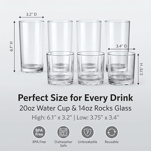 Meolibour® Acrylic Drinking Glasses Set of 8, 14oz Rocks & 20oz Water Cups, Unbreakable Plastic Drinkware, Clear Kitchen Tumblers for Home Outdoors, Reusable, BPA-Free, Top-Rack Dishwasher Safe thumbnail 3