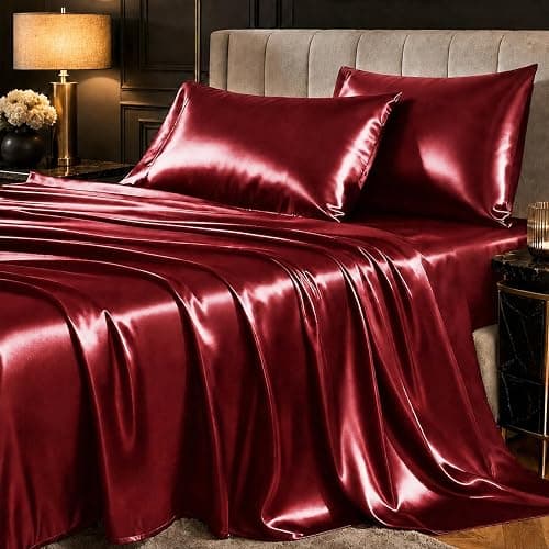 CozyLux Satin Sheets Queen, 4-Piece 14-Inch Deep Pocket Sheet Set | OEKO-TEX Certified Silky Soft Sheet Set for Hair & Skin, Luxurious Silky-Smooth Satin for Elegant Bedroom Decor, Burgundy - Image 1
