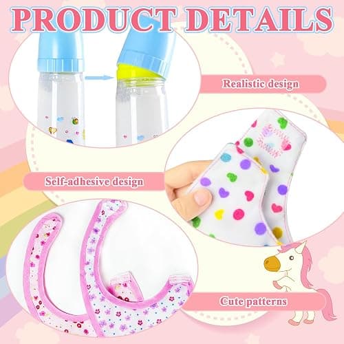 Kuihaazi 12PCS Baby Doll Accessories Set,Doll Pretend Play Feeding Toys,Baby Doll Feeding Include Disappearing Milk and Juice Bottles,Pacifier,Bibs,Diapers thumbnail 4