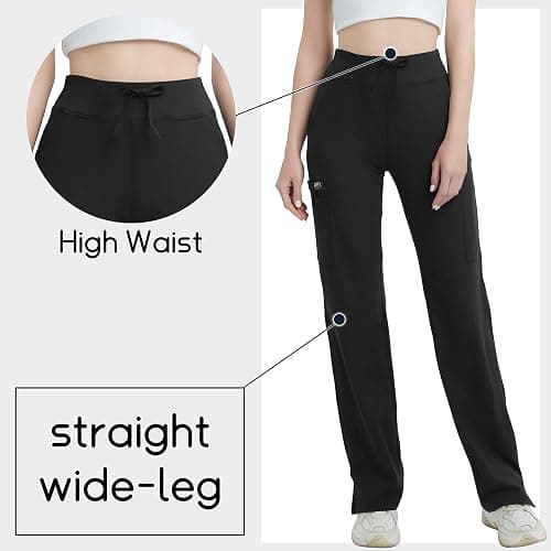 QBK High Rise Yoga Scrub Pants Women - Straight Wide Leg Uniform Pants with Cargo Pocket, Anti-Wrinkle & Knit Yoga Waistband thumbnail 4