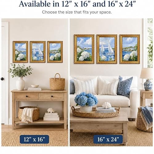 3 Piece Coastal Sailboat Wall Art, Vintage Gold Framed Decor, 12x16 inch | Coastal sailboat and hydrangea wall art set in vintage gold frames for living room, bedroom, bathroom, and office wall art thumbnail 6
