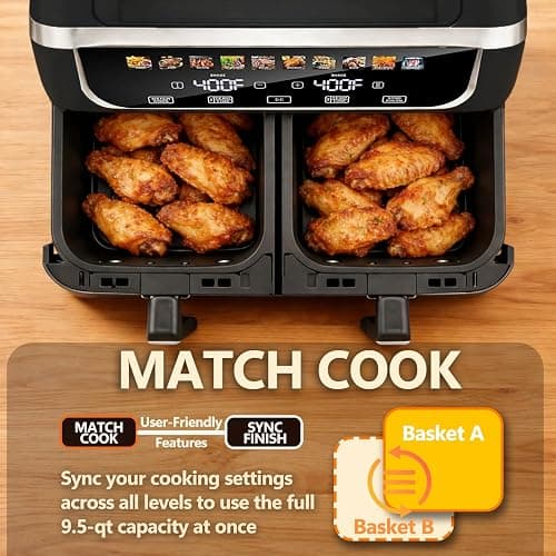 Simple Deluxe 9.5-Qt Dual Basket Air Fryer, 10-in-1 Digital Preset 1700W Airfryer, Sync Cook, Independent Temp Control, Shake Reminder, Nonstick Basket, Black thumbnail 6