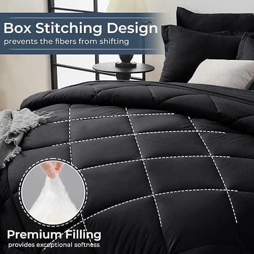 HEVUMYI 7 Pieces Queen Comforter Set, All Season Reversible Bed in a Bag, Ultra Soft Queen Bedding Set with Grey Comforter, Flat Sheet, Fitted Sheet, Pillowcases, Pillow Shams, Black thumbnail 5