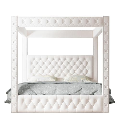 Jocisland Queen Canopy Bed Frame Velvet Upholstered Headboard, Cream | 74.8" Tall Four Poster, Deep-tufted velvet, 51.2" headboard, USB-A & USB-C outlets, No box spring needed, 45-min assembly thumbnail 9