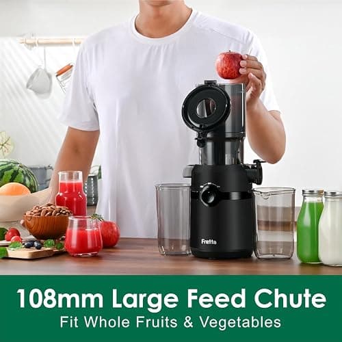 Fretta Cold Press Juicer Machines, Self-Feeding juicer with 108mm&1.0L Feeding Chute for Whole Fruits and Vegetables, Automatic 200W Masticating Juicer, High Yield Juice Extractor, BPA-Free, Black thumbnail 2