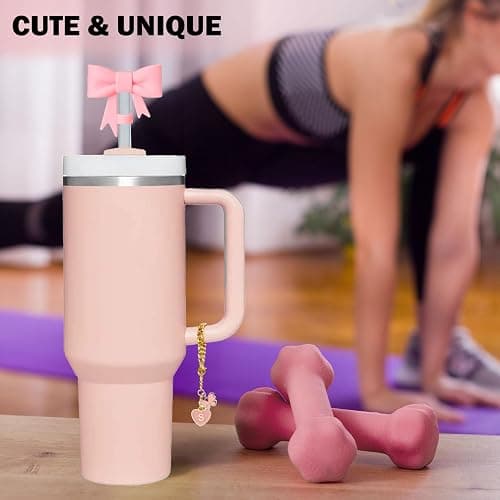 LUHOHI Pink Bow for Stanley Straw Topper- 3pcs Cute Cup Bow Straw Cover Silicone Cap 10mm with 2pcs Initial Letter Charms Name Id Personalized Accessories 40/30 Oz Tumbler Water Bottle Cups S thumbnail 6
