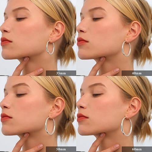 PABBEU S925 Sterling Silver Hoop Earrings Large Silver Hoop Earrings for Women Hypoallergenic Lightweight Big Thick Silver Hoop Earrings for Women Girls 35/40/50/60/70mm thumbnail 4