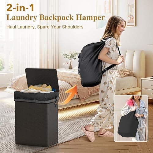 Foluck 60L 2-in-1 Laundry Hamper with Laundry Backpack, Waterproof Basket with Lid, Laundry Bag with Shoulder Straps and Mesh Pocket, Hamper for College Dorm, Travel, Apartment, Laundromat thumbnail 4