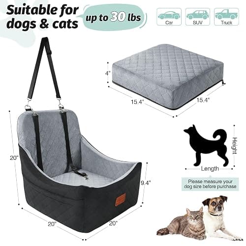 Lealchum Dog Car Seat for Dogs Up to 35lbs,Fully Detachable and Washable,Memory Foam Covered Soft Fabric,Easy to Install with Adjustable Straps,Anti-Slip Bottom,2 Side Pockets(Black/Grey,Medium) thumbnail 3