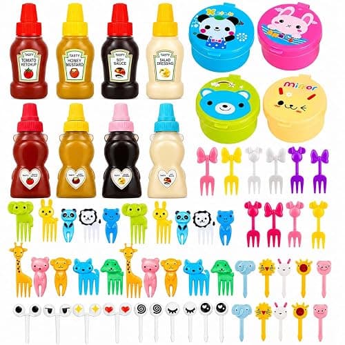 WXOIEOD 72 Pack Lunch Box Accessories, Including Mini Ketchup Bottle Bear Shaped Condiment Squeeze Bottles Small Sauce Containers Animal Food Picks for Travel Bento Box Picnic - Image 1