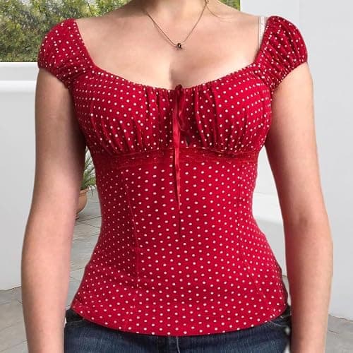 Women Fairy Grunge Shirt Summer Cap Sleeve Lace Up Polka Dot Milkmaid Tops Vinatge E-Girls Aesthetic Clothes thumbnail 2