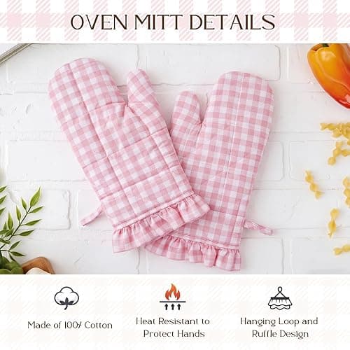 Twistover Ruffle Gingham Oven Mitts 2-Pack Set, Pink, 7"x13" | Checkered Oven Mitts, Plaid, Cotton Heat Resistant, Non-slip Grip for Baking BBQ, Cute Farmhouse Style, Safe Pot Holders thumbnail 3