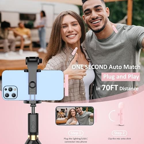 Ecomxia 2 Pack Wireless Lavalier Microphone for iPhone iPad Android with Charging Case - 7H Clip on Lapel Microphone Wireless for Video Recording Vlogging, YouTube, Interview, 3 Mode Denoise (Pink) thumbnail 4
