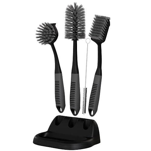Dish Brush Set of 5 with Holder - Kitchen Scrub Brushes with Non-Slip Long Handle for Cleaning, Scrubber, Dishwashing, Dishes, Bottles, Straws, Cups, Pots & Sink, Black - Image 1