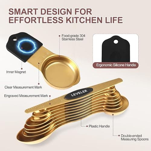 16-Piece Stainless Steel Measuring Cups and Spoons Set, Strong Magnetic Nesting Design 7 Cups 8 Spoons with Leveler, Double Measurement Markings for Dry & Liquid Ingredients, Gold thumbnail 3