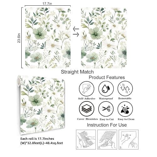 Akodm Sage Green Floral Peel and Stick Wallpaper Self Adhesive Removable Modern for Bedroom Accent Wall Renter Friendly Thick Watercolor Natural Flower Wallpaper 17.7" x 393.7" thumbnail 4