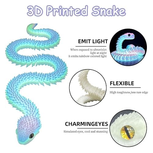 24in 3D Printed Snake, 3D Printed Animals Articular Mobility Glow in The Dark Snake Toy, Fidget 3D Printed Collectible Toys for Home & Office Decoration, Gift for Boys and Girls (Luminous Blue) thumbnail 2