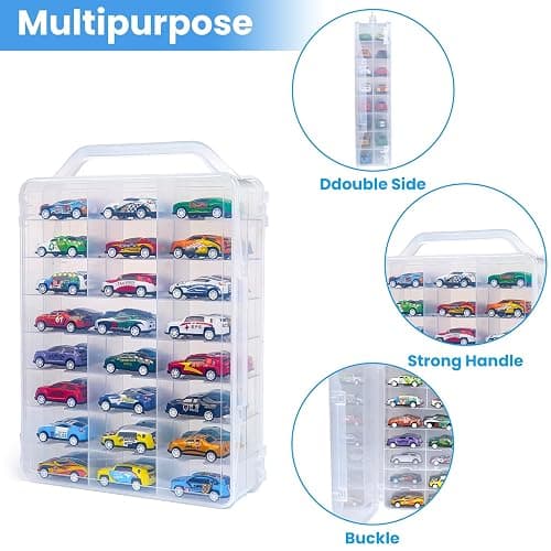 Chfeirno Portable Storage Case for Hot Wheels, Matchbox Cars Double Sided Storage Box with Handle, Clear Organizer Box for 48 Toy Cars, Easy Carry Container Compatible with Diecast Toy Car, Case Only thumbnail 2