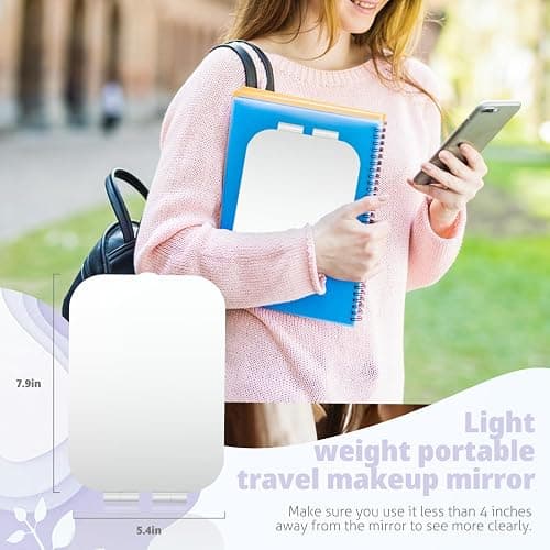 TREASO Travel Makeup Mirror, Portable Rechargeable Mirror with Lights | USB-Rechargeable, 3 Color LED Lighting, Adjustable Brightness, 7.9x5.4 inch, 1200mAh Battery, Gift for Women and Girls, White thumbnail 7