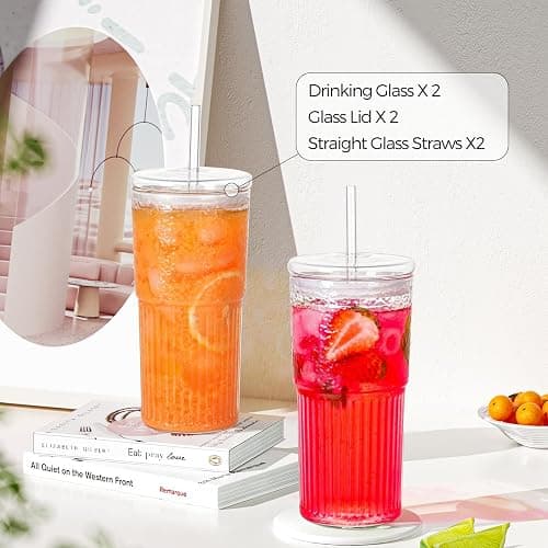 2PCS Glass Cups with Lids and Glass Straws, 20OZ Iced Coffee Cups, Home Essential and Coffee Bar Accessories Borosilicate Glass Tumblers with Lid and Straw for Beer, Cocktail, Tea and Latte, Clear thumbnail 5