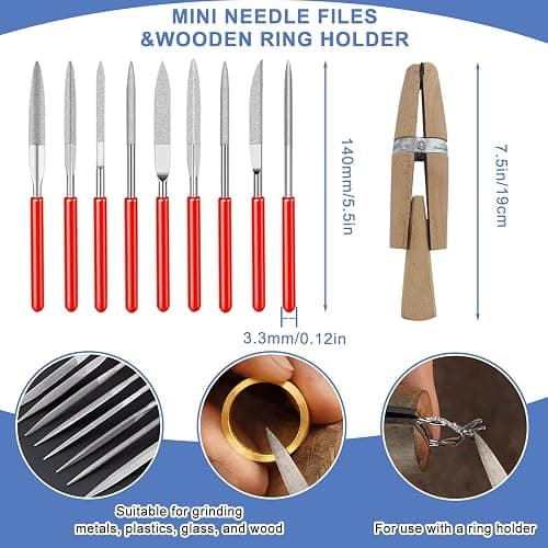 Jewelers Tools Set 27Pcs Ring Making Kit Includes Jewelers Saw with 144 Saw Blades, Bench Pin Clamp, Wooden Ring Clamp, Rings Sizer Measuring Tool, Rubber Hammer, Diamond Needle Files, Jewelry Pliers thumbnail 5