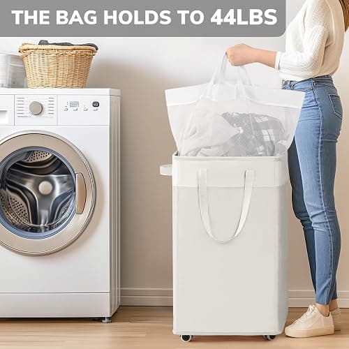Goodpick Laundry Hamper with Wheels, 75L College Dorm Room Essentials, Clothes Hamper with Removable Wash Bag for Bedroom, Large Laundry Basket with Handle, White thumbnail 6