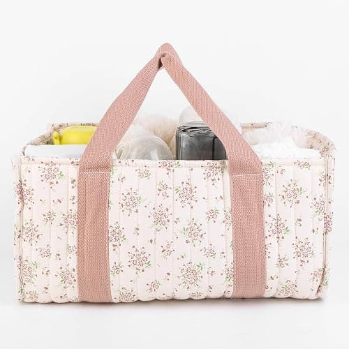 Floral Diaper Caddy Organizer with Handle Stylish Nursery Storage Basket with Removable Partition Babies Shower Gifts Basket for Boy and Girl (Daisy Pink) thumbnail 7