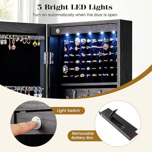 Giantex Wall or Door Mounted Jewelry Cabinet with Full Length Mirror, Over The Door Jewelry Armoire Organizer with Lights, Large Storage with Necklace Hooks, Earring Slots & Shelves (Black) thumbnail 6