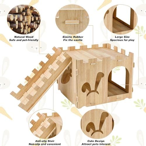 YUEPET Large Wooden Rabbit Castle with Ramp, Rabbit Pig Hideout Detachable Bunny House Indoor Small Animal Houses & Habitats for Adult Bunny Guinea Pig Chinchilla Hide Rest Play thumbnail 2