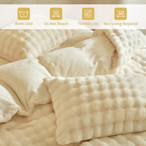 Tokokimo Fluffy Fleece Queen Size Duvet Cover Set, Ultra Soft Reversible Heavyweight Bedding Set, Extra Warm Winter Duvet Cover Set with 2 Pillow Cases, All Season Fuzzy Comforter Cover Set, Beige thumbnail 4