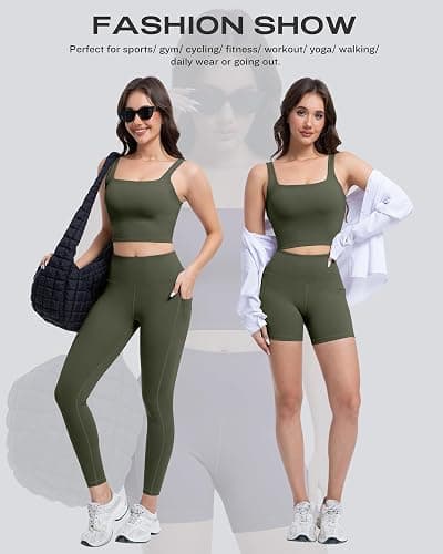 SALSPOR 3 Piece Workout Sets for Women High Waisted Leggings with Pockets Tummy Control Biker Shorts Yoga Sports Bra thumbnail 5