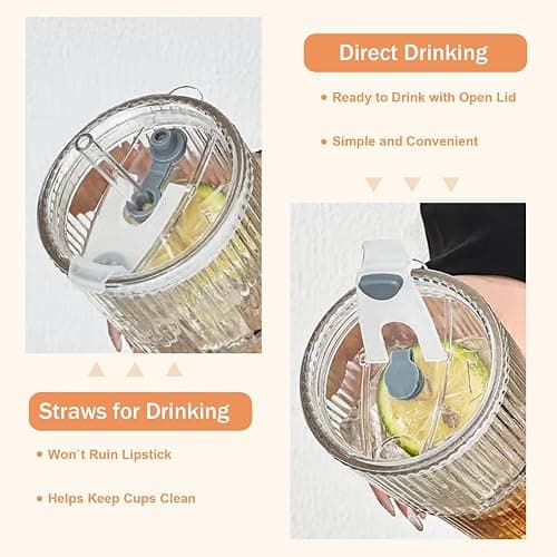 AUFXKOO 20oz Ribbed Glass Cups with Lids and Straws,2PCS Glass Tumbler with Straw and Lid,Drinking Glasses for Iced Coffee Cups,Juice,Smoothies thumbnail 4