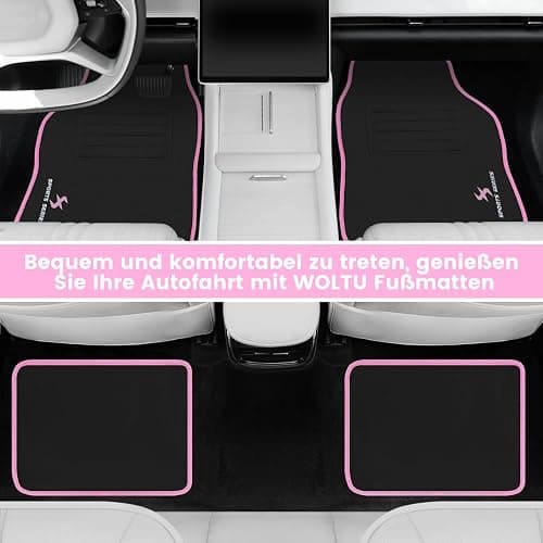 WOLTU Autofußmatten-Set mit 4 Matten universelle Allwetterfußmatten mit Stickerei Autoteppich gegen Wasser rutschfeste Absatzschoner aus Teppichmaterial Schwarz Rosa thumbnail 3