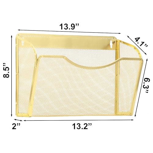 EASEPRES 3 Single Pocket Mesh Hanging File Organizer, Vertical Wall Mounted Magazine File Holder, Mount Basket Mail Paper Document Folder Organizing for Office, Home and School, Gold thumbnail 2