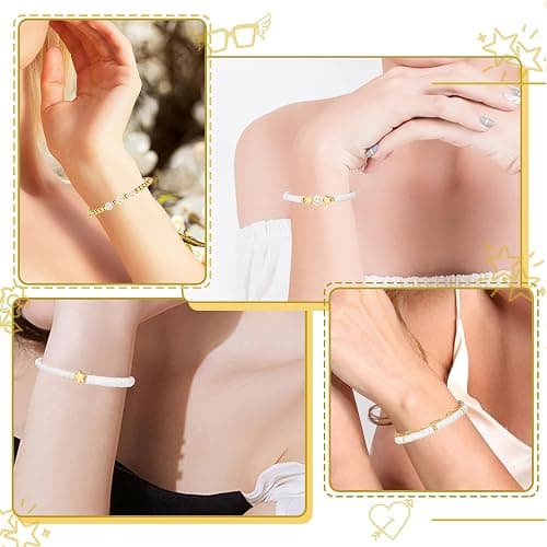 Preppy Bracelets Set Colorful White Gold Smile Heart Star Polymer Beaded Pearl Clay Stackable Charm Y2K Kidcore Aesthetic Summer Beach Bohemian Stretch Layering Bracelets Jewelry for Girls Women Teens thumbnail 3