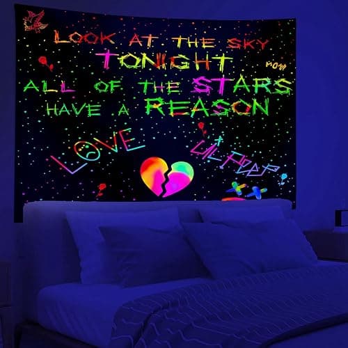 PSYHILAR Blacklight Lil Peep Tapestry, Black Light Posters for Bedroom, Star Shopping Rapper UV Flag (90 x 70 Inches) - Image 1