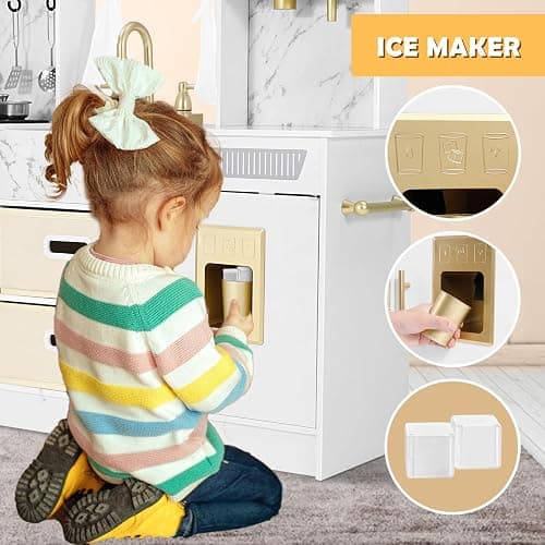 JOYLDIAS Play Kitchen, Wooden Kids Play Kitchen Playset Chef Pretend Play Set for Toddlers w/Ice Cube Dispenser, Oven, Cooking Accessories,Trendy Home Style w/Curtains, Storange Box, Gift for Ages 3+ thumbnail 5