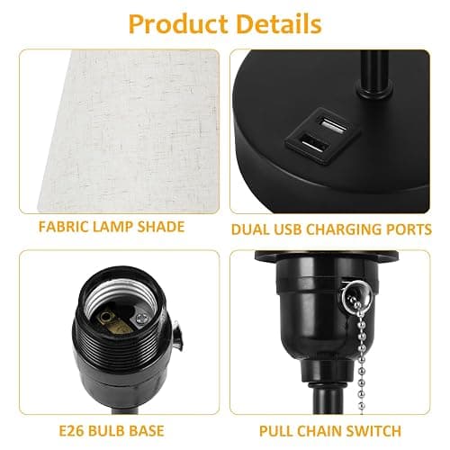Bedside Table Lamps Set of 2 Small Nightstand Lamps with Dual USB Charging Ports Modern Desk Lamps with Fabric Lampshade for Bedroom, Living Room, Office thumbnail 3