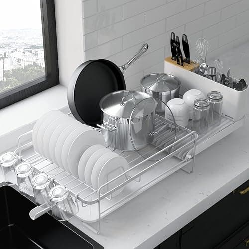 Kitsure Large Dish Drying Rack - Extendable Dish Rack, Multifunctional Dish Rack for Kitchen Counter, Anti-Rust Dish Drainers with Cutlery & Cup Holders 19.2"-26.7" L x 12.9" W, White - Image 1
