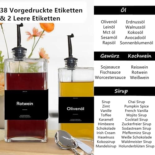 BIKALAN Ölflasche mit Ausgießer, Kaffee Sirup Spender Glas Set, Olivenöl Flasche Set, 500ML Ölspender Glas, Oil Dispenser Sirup Pumpspender mit 40 Aufkleber, Trichter (Schwarz, 500 Milliliter) thumbnail 7